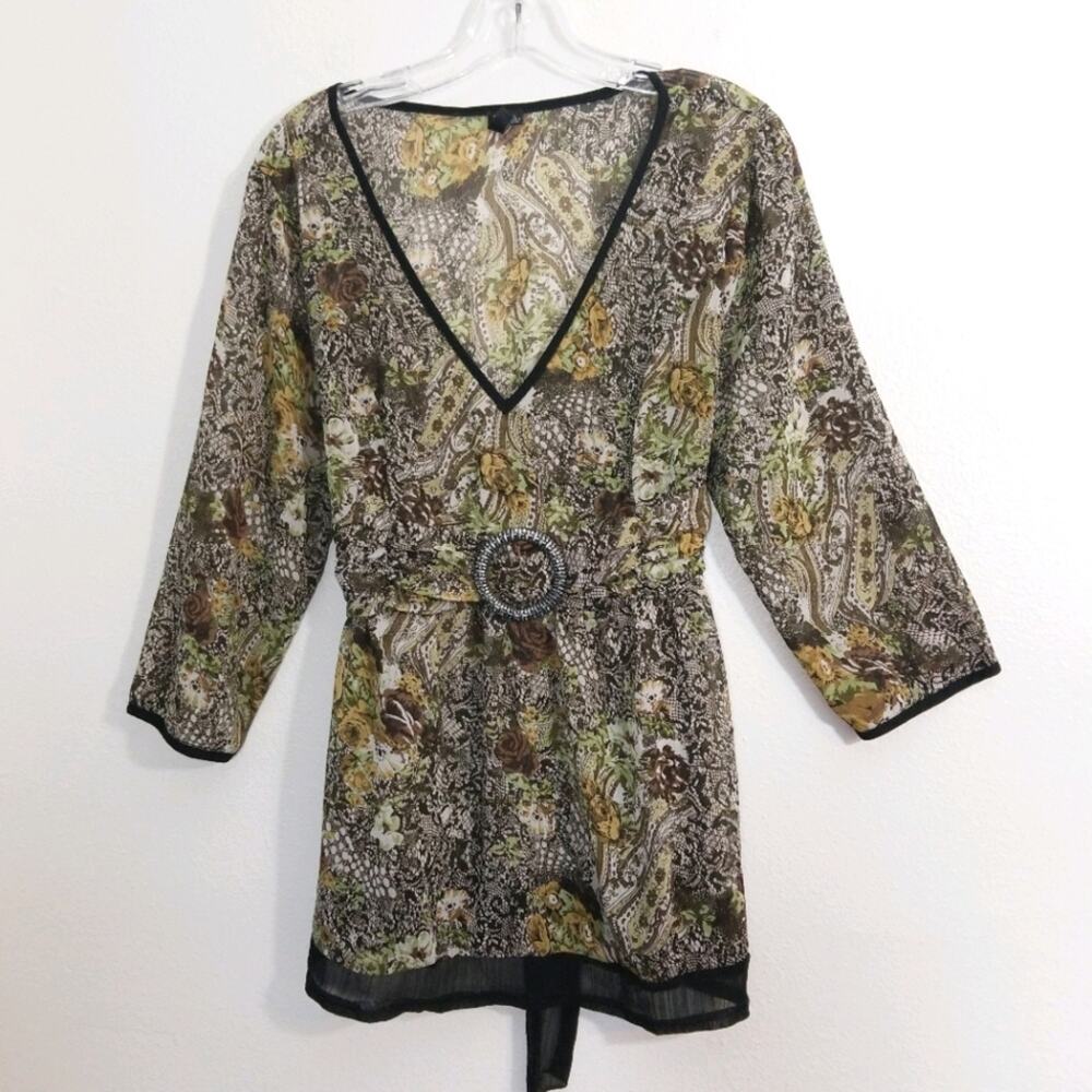 Essentials by Milano sheer paisley tie back blouse